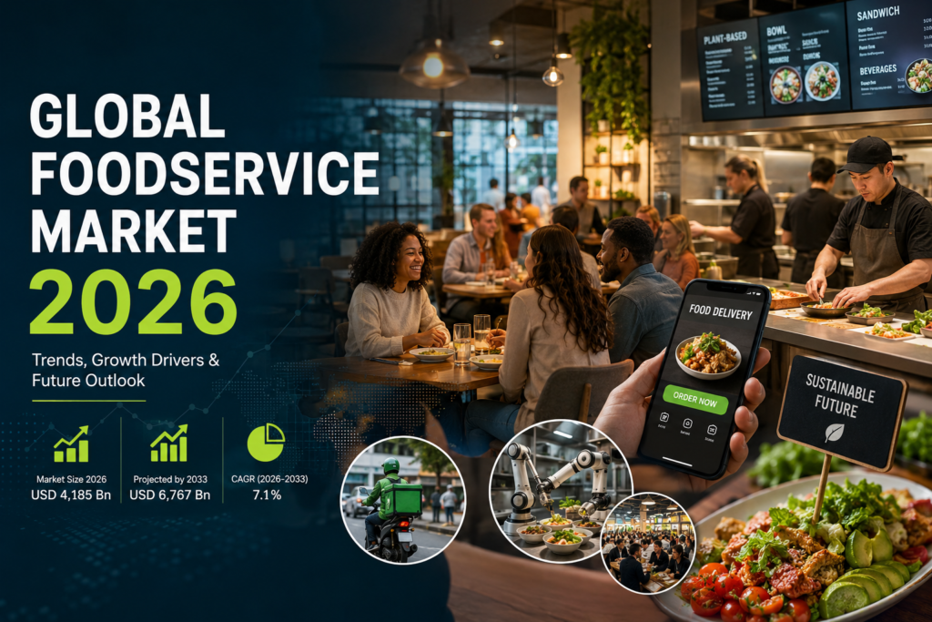Global foodservice market 2026 featuring restaurant dining, food delivery technology, kitchen automation, sustainability initiatives, and industry growth trends.