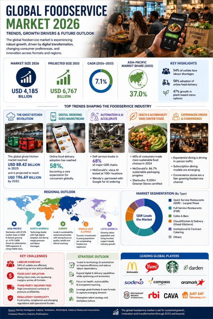 Global Foodservice Market 2026 infographic showing market size, growth forecast, ghost kitchens, digital ordering, AI automation, sustainability trends, regional outlook, and leading foodservice companies.