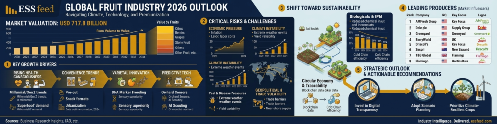 Infographic displaying the 2026 global fruit market valuation of 717.8 billion USD, including growth drivers, sustainability trends, and top global fruit producers.