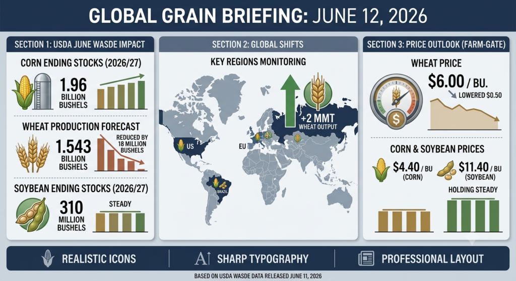 Infographic summarizing USDA June 2026 WASDE grain report data, including U.S. corn stocks, wheat production forecasts, and global market price trends for food professionals.