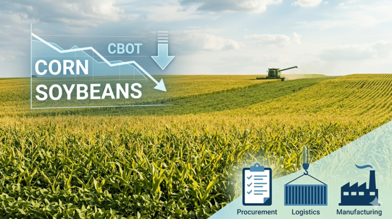 Featured image for market analysis article, showcasing the intersection of agricultural production and commodity trading. Includes icons representing the food and beverage value chain: procurement, logistics, and manufacturing.