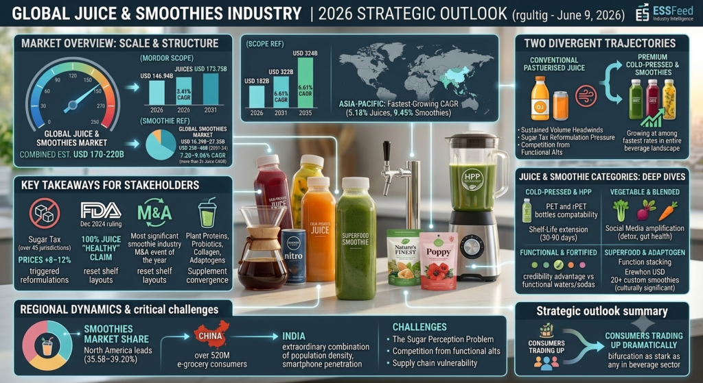 Strategic intelligence infographic mapping the 2026 global juices and smoothies market size, highlighting a bifurcation between conventional pasteurized juice headwinds and premium cold-pressed growth, sugar tax impacts, and functional ingredient trends.