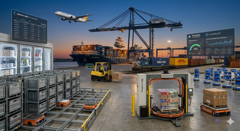 A wide-angle composite view of a multimodal logistics hub in 2026, featuring autonomous warehouse robotics, container cranes, air freight, and digital supply chain monitoring dashboards.