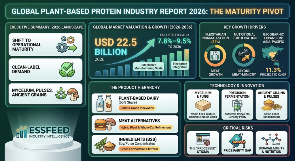 Infographic summary of the 2026 global plant-based protein industry, showcasing USD 22.5 billion market valuation, 7.8%–9.5% CAGR, and key trends in mycelium, clean-label dairy, and functional snack fortification.