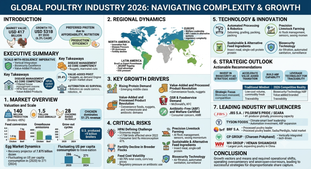 Infographic summary of the 2026 global poultry industry, highlighting USD 417 billion market value, HPAI disease management, value-added product trends, and key growth drivers in Asia-Pacific.