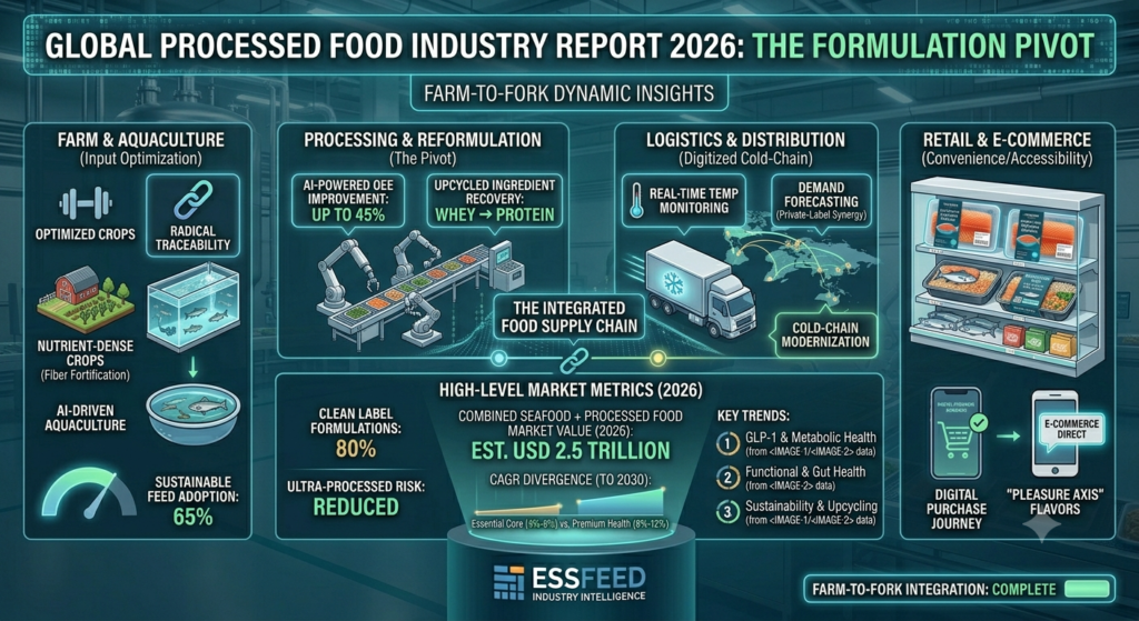 Infographic displaying the 2026 global processed food supply chain, from farm and aquaculture input optimization to AI-driven processing, cold-chain logistics, and e-commerce retail, highlighting a USD 2.5 trillion market valuation.