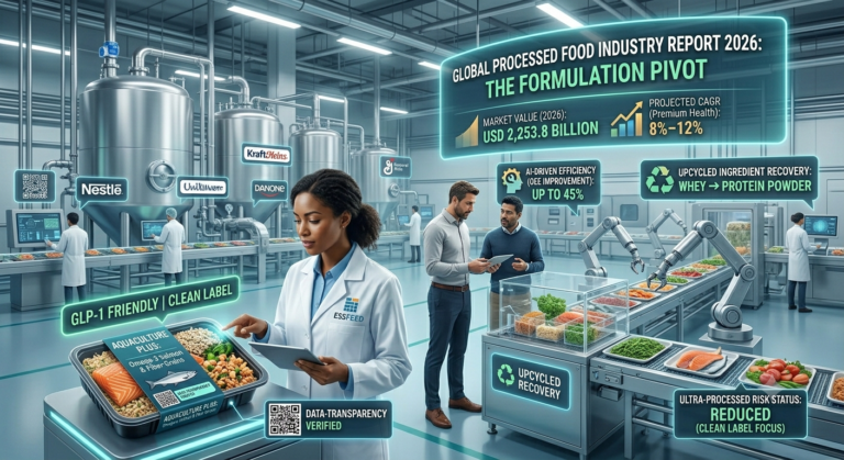 Industry professionals in a high-tech food processing facility examining clean-label, GLP-1 friendly products as part of the 2026 ESSFeed Industry Intelligence Report, highlighting digital manufacturing and upcycled ingredient recovery.