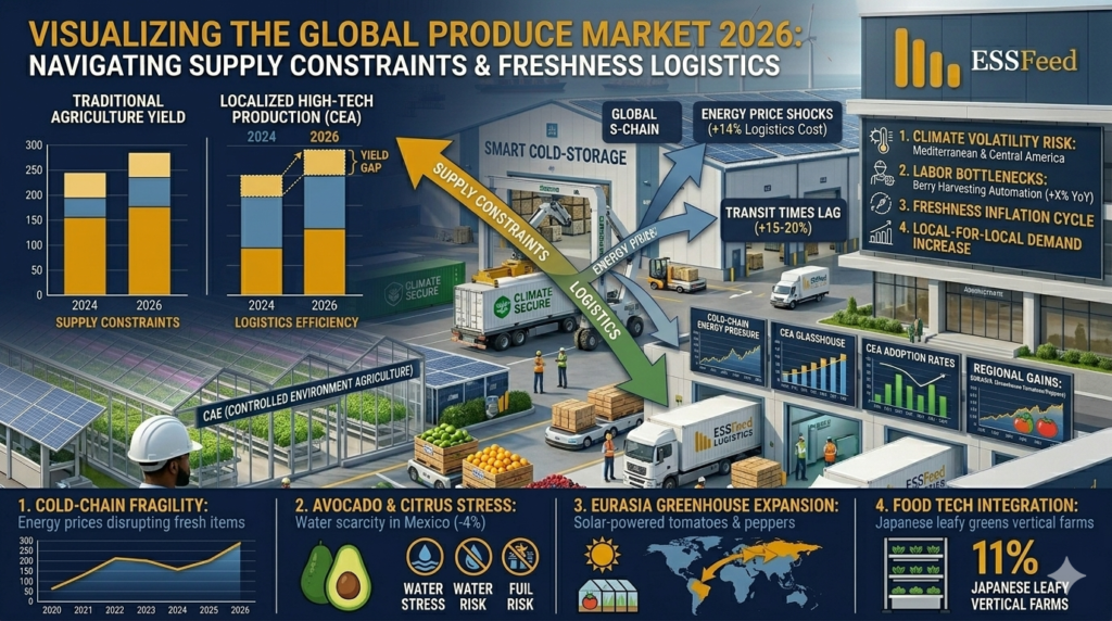 Infographic detailing the Global Produce Market 2026: Navigating Supply Constraints & Freshness Logistics. Visual data contrasts traditional vs. high-tech (CEA) production, logistics risks, energy shocks (+14%), transit times lag (+15-20%), and strategic shifts in cold-chain management.