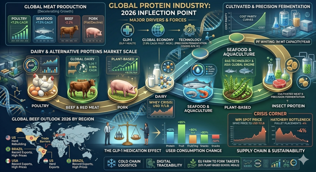 Infographic detailing the 2026 global protein industry outlook, covering growth trajectories in poultry, seafood, dairy, and plant-based sectors, alongside impacts of GLP-1 adoption and the whey supply crisis.