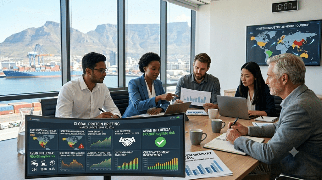 Professionals in a corporate boardroom reviewing a digital dashboard displaying global protein market trends, trade data, and industry supply chain updates.