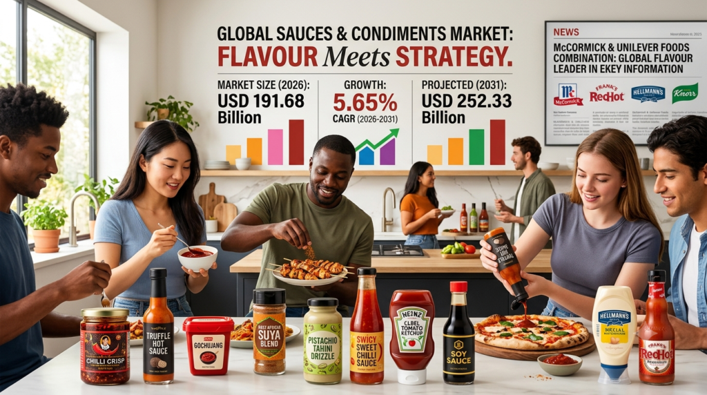 Infographic illustrating the 2026-2031 Global Sauces and Condiments Market. The image details market growth from $191.68 billion to $252.33 billion, key drivers like the 'flavour revolution' and 'swicy' trends, regional leadership in Asia-Pacific, and the McCormick-Unilever merger. It displays various sauce categories including chilli crisp, hot sauces, and global fusion spices.