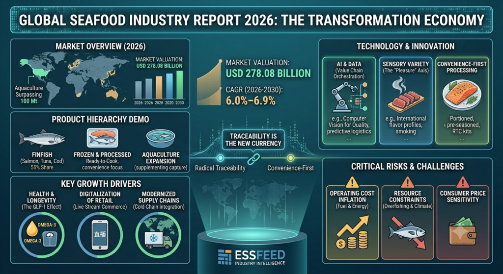 Infographic summarizing the 2026 Global Seafood Industry Report, detailing a USD 278.08 billion market valuation, 6.0%-6.9% CAGR, and key trends in digitalization, traceability, and aquaculture expansion.