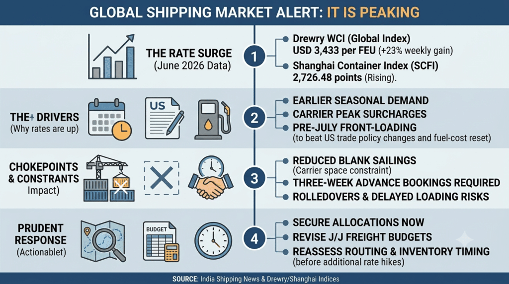 Infographic titled "Global Shipping Market Alert: It Is Peaking" summarizing June 2026 container freight data, including the 23% weekly rate surge, causes like pre-July front-loading, and actionable logistics strategies.