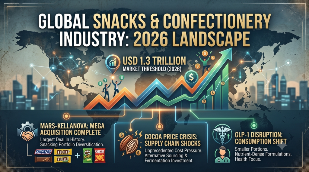 Infographic-style featured image for the 2026 global snacks and confectionery industry report. The graphic highlights the USD 1.3 trillion market threshold, the Mars-Kellanova acquisition, the 2025 cocoa price crisis, and the impact of GLP-1 drugs on snacking consumption habits.