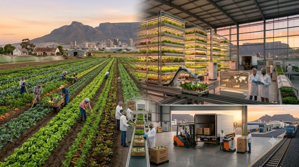 Comprehensive overview of the global vegetable industry in 2026, showing traditional field farming, high-tech greenhouse vertical farming, automated packing, and cold-chain logistics.