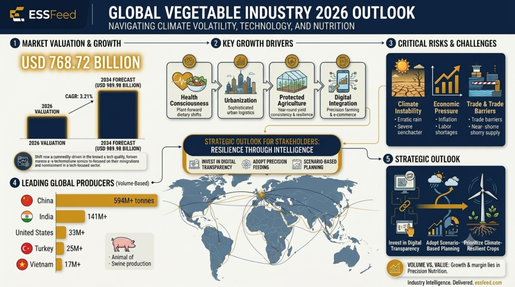 Infographic illustrating the 2026 global vegetable market valuation of USD 768.72 billion, key drivers like protected agriculture, and top global producing countries.