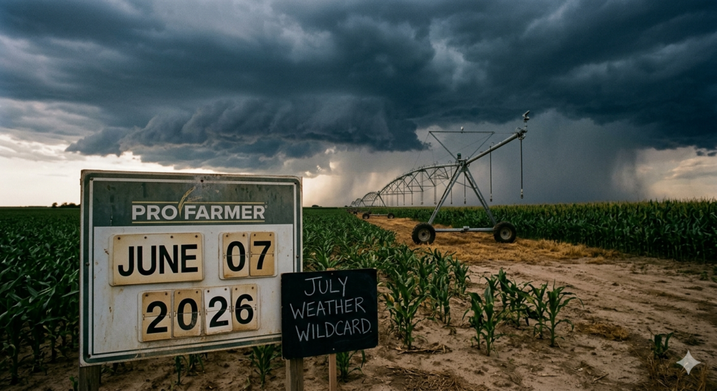 Pro Farmer report sign in a stormy cornfield with an irrigation system, highlighting the July weather wildcard concern on June 7, 2026.