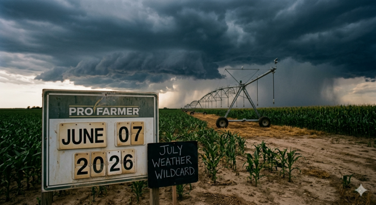 Pro Farmer report sign in a stormy cornfield with an irrigation system, highlighting the July weather wildcard concern on June 7, 2026.