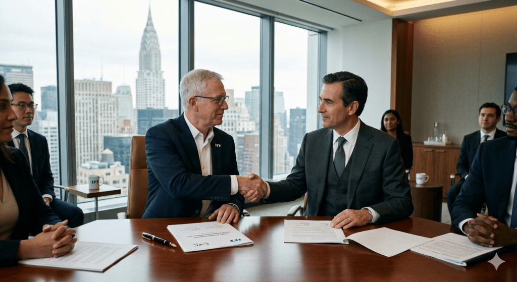 Two executives in suits shaking hands in a corporate boardroom overlooking the New York City skyline, symbolizing the IFF Food Ingredients acquisition by CVC Capital Partners.