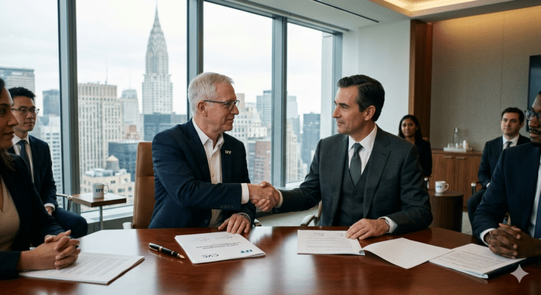 Two executives in suits shaking hands in a corporate boardroom overlooking the New York City skyline, symbolizing the IFF Food Ingredients acquisition by CVC Capital Partners.