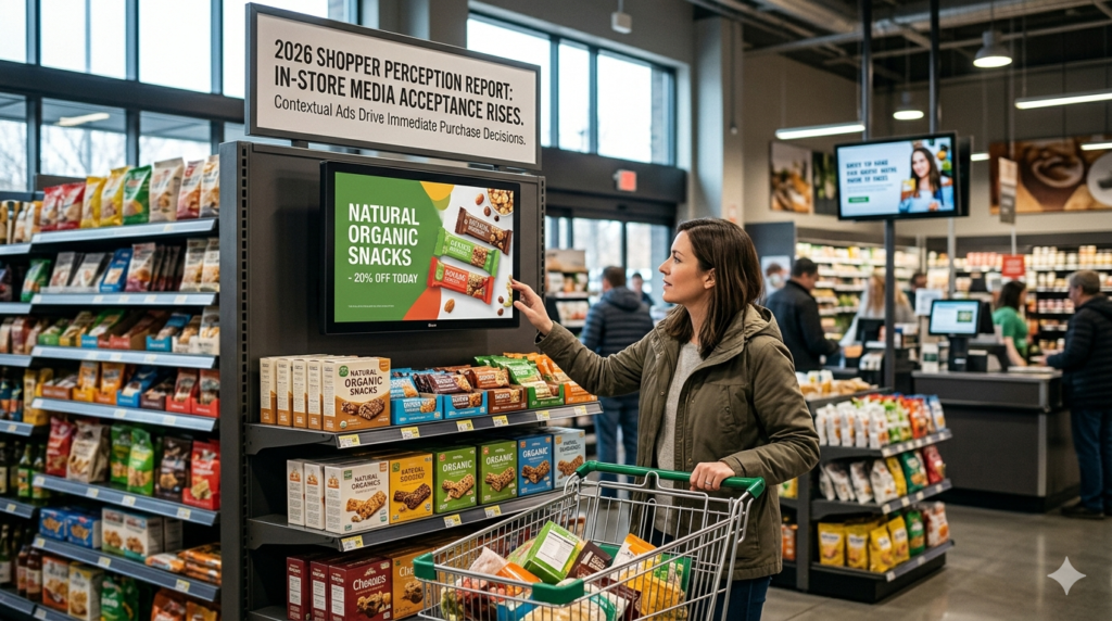 A grocery shopper interacting with a contextually relevant digital advertising screen on an endcap, highlighting the 2026 trend of increased acceptance of in-store media.