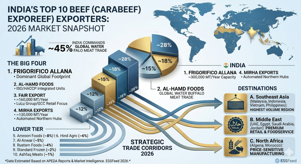 Infographic data chart mapping out the top 10 beef and carabeef exporters in India, market share percentages, and 2026 strategic trade corridors.