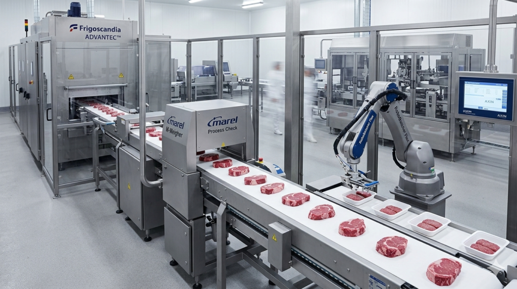 Automated meat portioning line featuring Frigoscandia ADVANTEC and RoboBatcher Flex systems in a 2026 food processing facility.