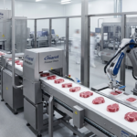Automated meat portioning line featuring Frigoscandia ADVANTEC and RoboBatcher Flex systems in a 2026 food processing facility.