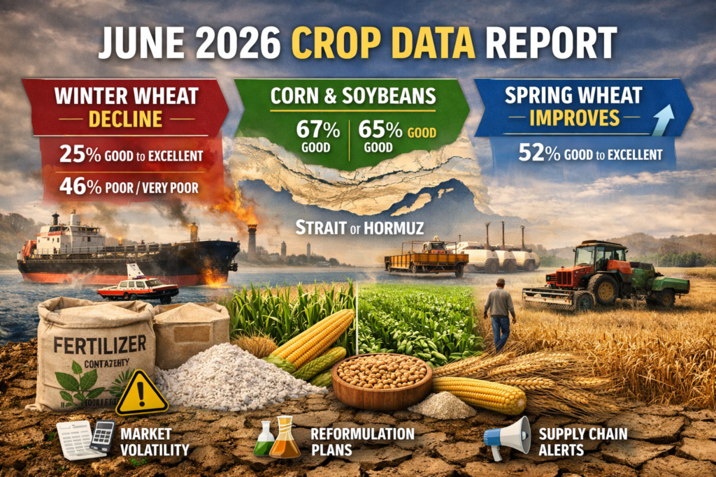 ESSfeed featured image showing June 2026 crop data — winter wheat decline, corn and soybean stability, and spring wheat improvement visualized through arrows, crop fields, and commodity indicators.