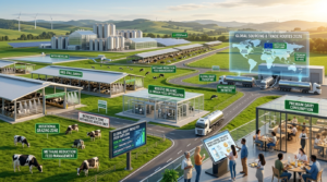 Infographic visualization of the 2026 global dairy industry landscape, featuring a $920.25 billion valuation, AI-driven robotic milking, biosecurity zones, methane reduction feed management, and global trade routes for premium dairy exports.