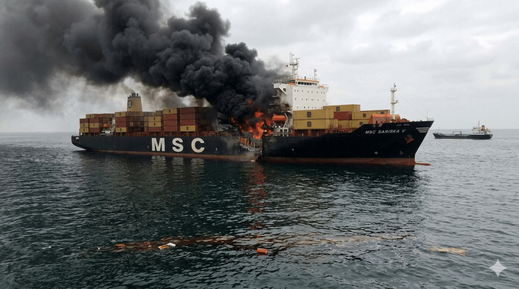 This realistic photograph, used as a featured image for news coverage, depicts the immediate aftermath of a projectile attack on the MSC Sariska V. The vessel is shown listing with heavy smoke and visible flames near the superstructure, illustrating the severity of the maritime security incident.