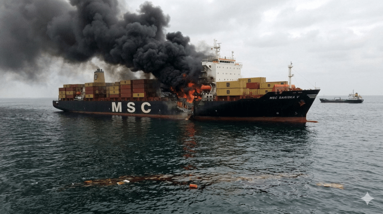 This realistic photograph, used as a featured image for news coverage, depicts the immediate aftermath of a projectile attack on the MSC Sariska V. The vessel is shown listing with heavy smoke and visible flames near the superstructure, illustrating the severity of the maritime security incident.