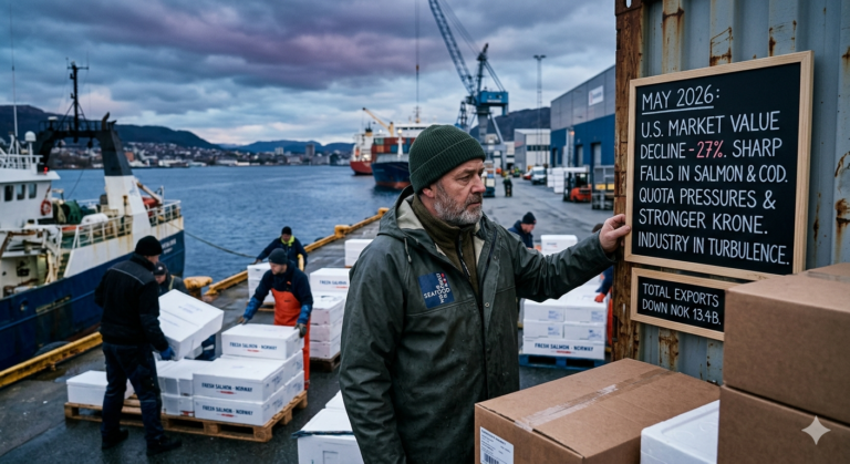 A worker at a Norwegian port checks shipping manifest notes detailing a 27% decline in U.S. market seafood value in May 2026, with crates of fresh salmon and fishing vessels in the background.