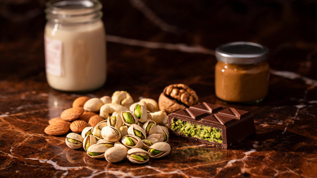 A cinematic still life of premium nuts, with glossy pistachios, almonds, cashews, walnuts, and Dubai chocolate arranged on a dark stone surface for a food trend article.