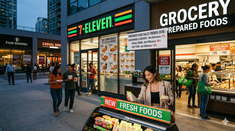 A woman selecting fresh prepared food at a convenience store, with a sign showing 2026 sales trends comparing convenience stores, grocery stores, and casual dining restaurants.