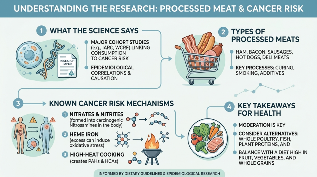 Infographic outlining processed meat and cancer risk, including types of processed meats, cancer risk mechanisms like nitrites and heme iron, and healthy dietary alternatives.