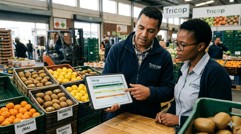 Two supply chain professionals reviewing a Tricop produce market summary report on a tablet at a fruit distribution warehouse.