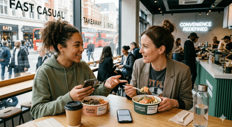 Two women enjoying a healthy fast-casual meal in a modern restaurant, symbolizing redefined convenience for Gen Z and Millennial consumers in 2026.