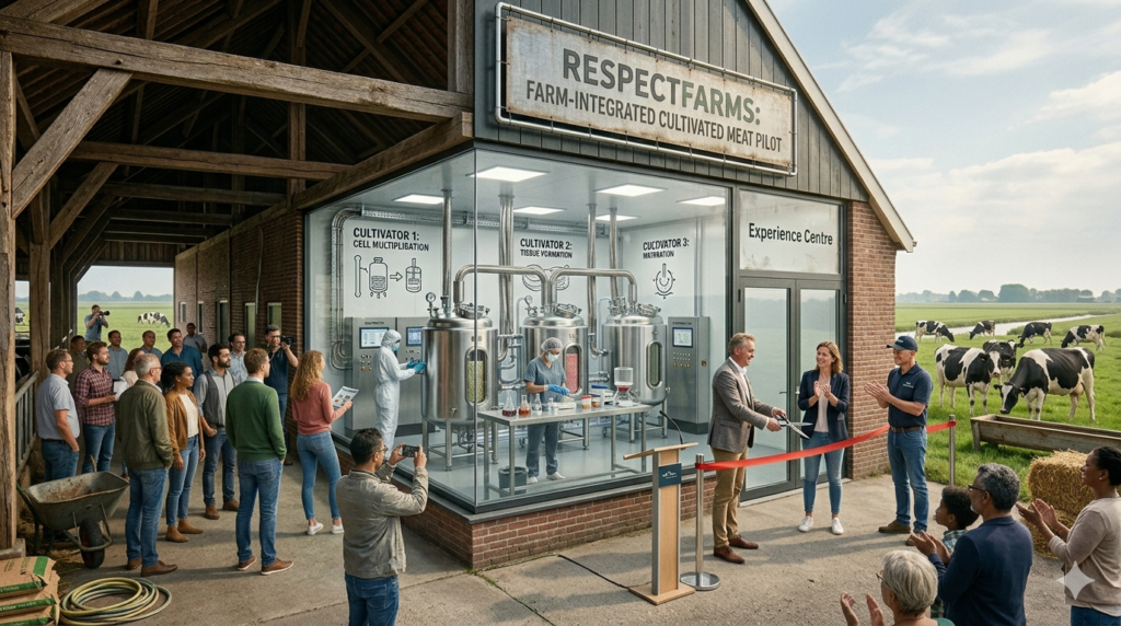 Official inauguration ceremony of the world's first on-farm cultivated meat pilot at a Dutch dairy farm, featuring bioreactor units visible through a glass-walled lab integrated into a traditional barn.