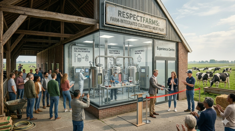 Official inauguration ceremony of the world's first on-farm cultivated meat pilot at a Dutch dairy farm, featuring bioreactor units visible through a glass-walled lab integrated into a traditional barn.