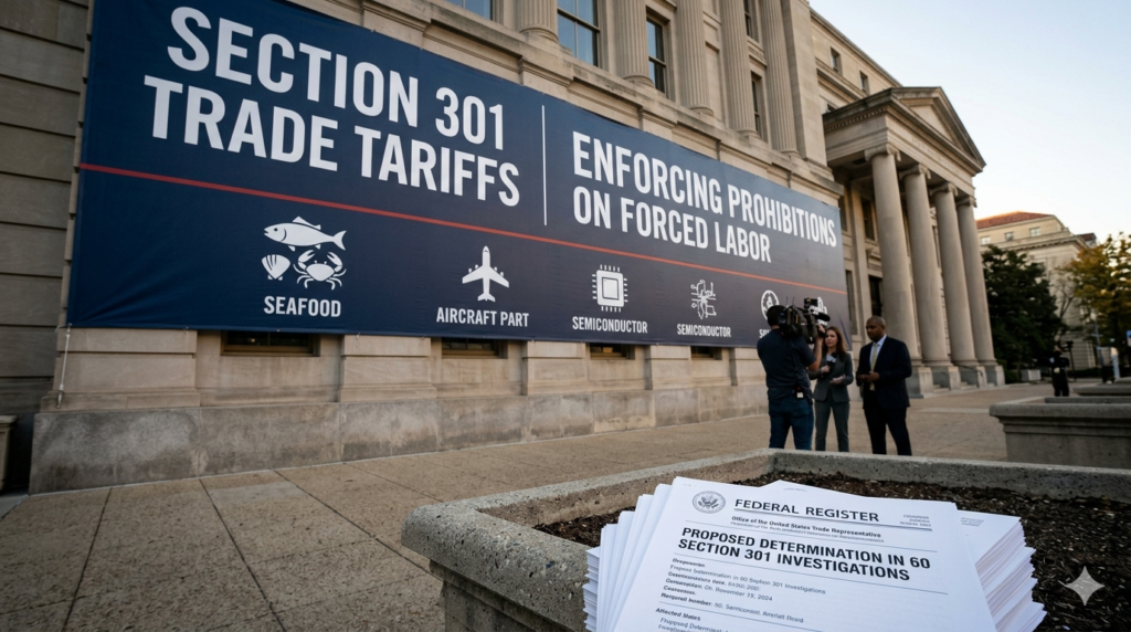 A large banner outside a U.S. government building titled 'Section 301 Trade Tariffs' with icons representing affected sectors, including seafood, alongside a stack of Federal Register documents detailing the proposed investigations.