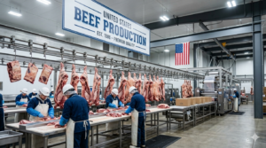 Industrial beef processing facility floor showing workers and production line of top US beef producers.