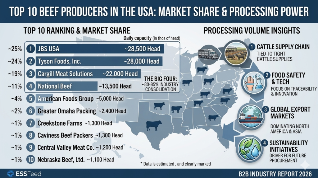 Infographic showing Top 10 beef producers in the USA ranking, market share percentages, and daily processing capacity data.