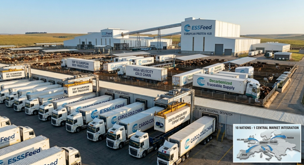Industrial European protein hub processing facility with refrigerated cargo trucks loading traceable beef for continental distribution.