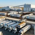 Industrial European protein hub processing facility with refrigerated cargo trucks loading traceable beef for continental distribution.