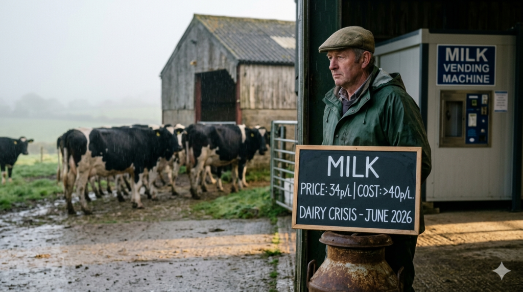 A dairy farmer in Cornwall holds a sign showing milk production costs exceeding market prices during the 2026 UK dairy crisis, with a milk vending machine and cattle in the background.
