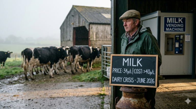 A dairy farmer in Cornwall holds a sign showing milk production costs exceeding market prices during the 2026 UK dairy crisis, with a milk vending machine and cattle in the background.