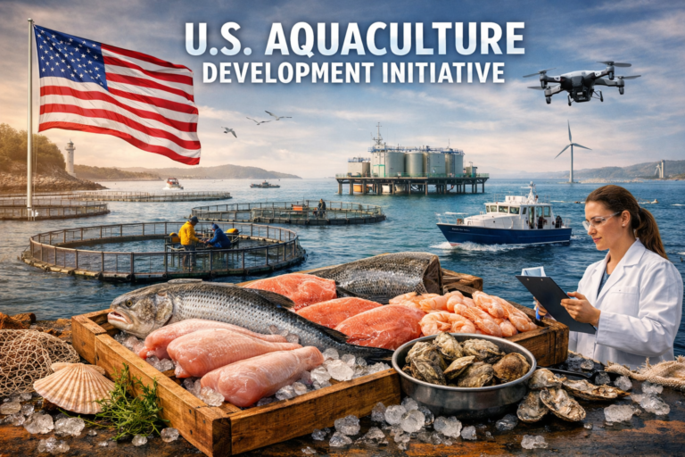 ESSfeed featured image showing the US Aquaculture Development Initiative — fresh seafood crate in the foreground, aquaculture pens and research boat in the middle ground, American flag and coastline in the background.
