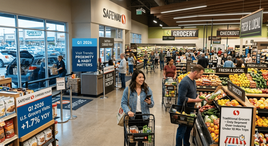 Inside a traditional grocery store showing customers shopping and using curbside pickup, representing the 1.7% increase in U.S. grocery store visits in Q1 2026.