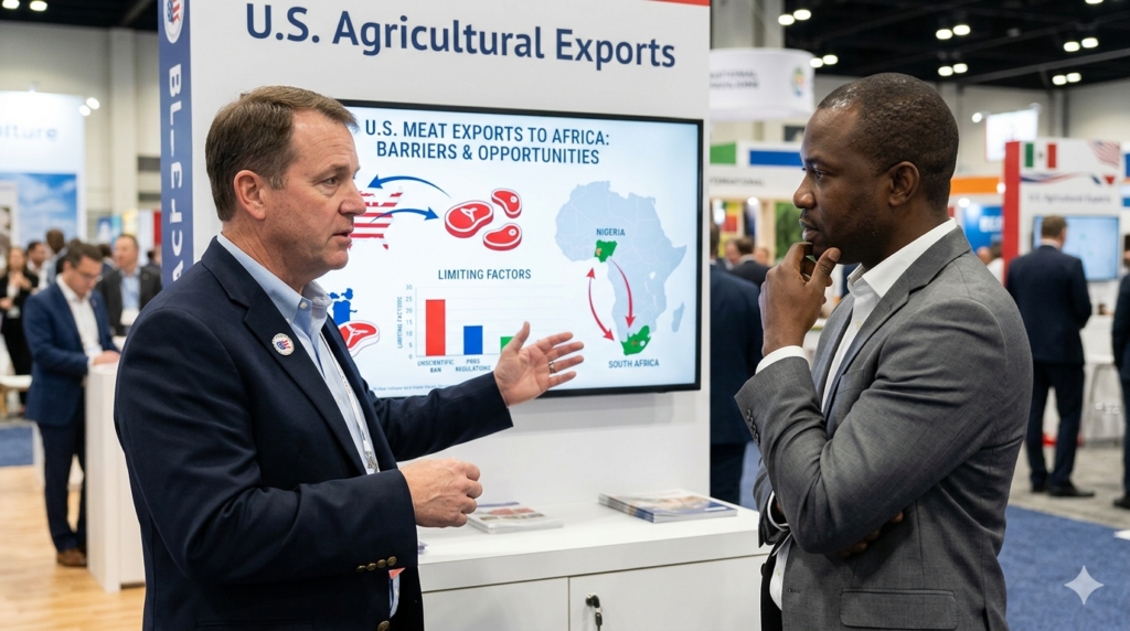 Featured image for trade analysis article, illustrating a professional discussion regarding the Africa Growth and Opportunity Act (AGOA) and current regulatory challenges for American red meat exports to sub-Saharan Africa.